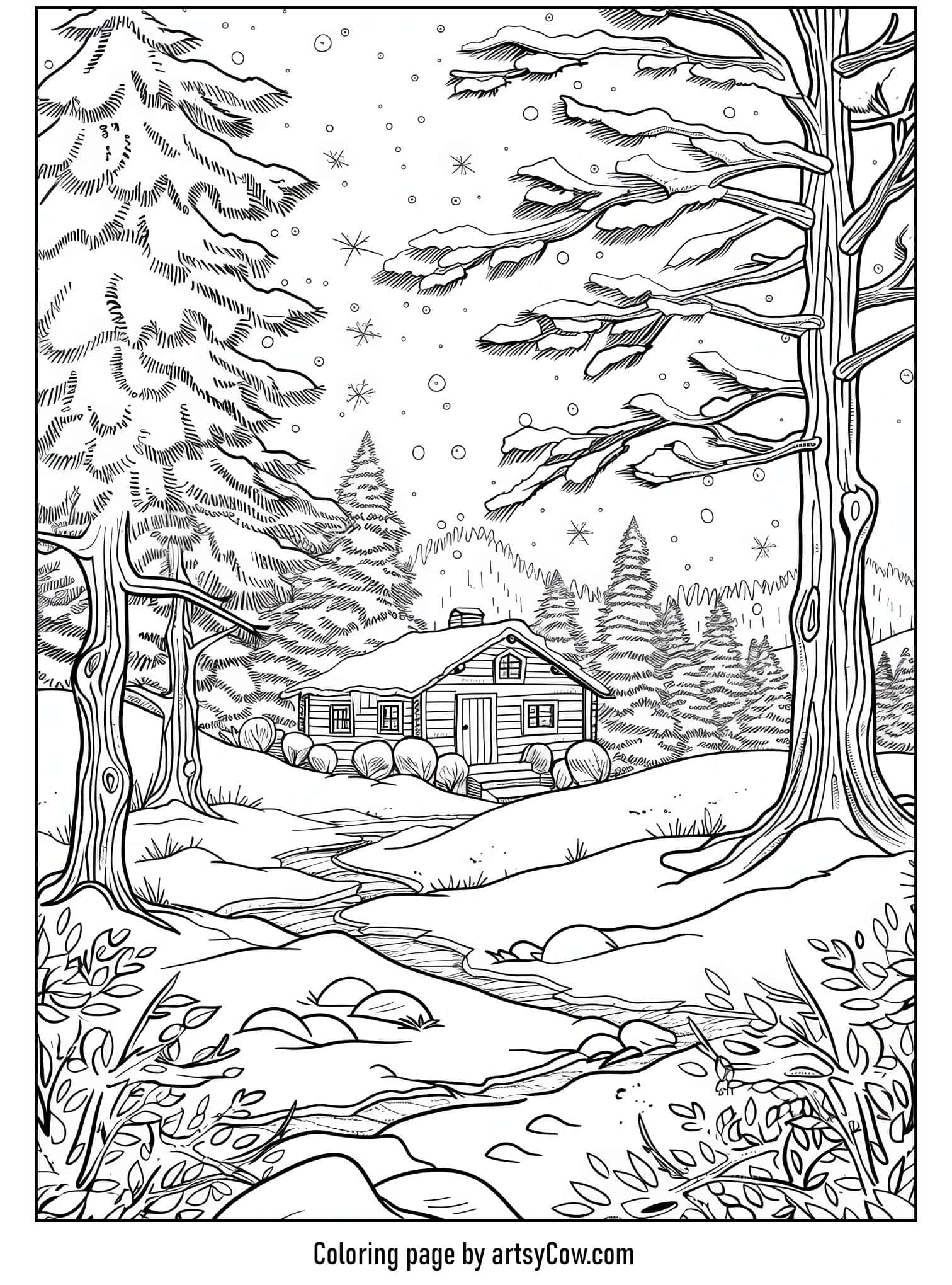a serene winter wonderland scene featuring a cozy cabin